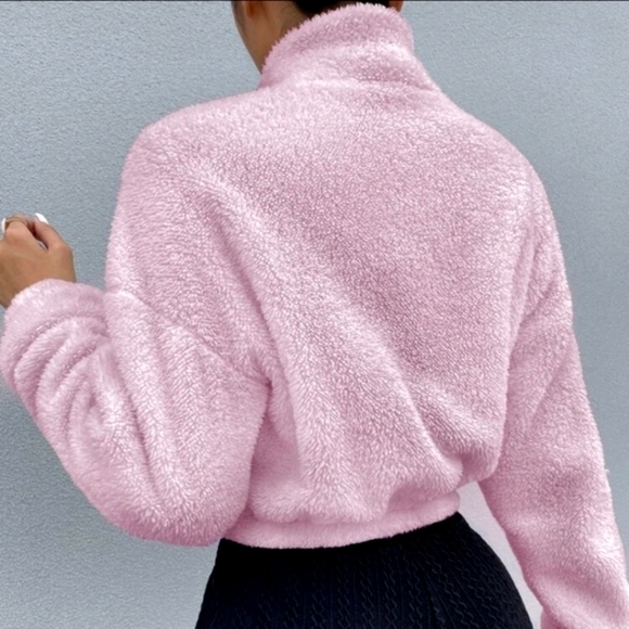 SHEIN Teddy Jacket Drop Shoulder Zip Up Pink Crop Fuzzy Furry Womens Small - Picture 2 of 8